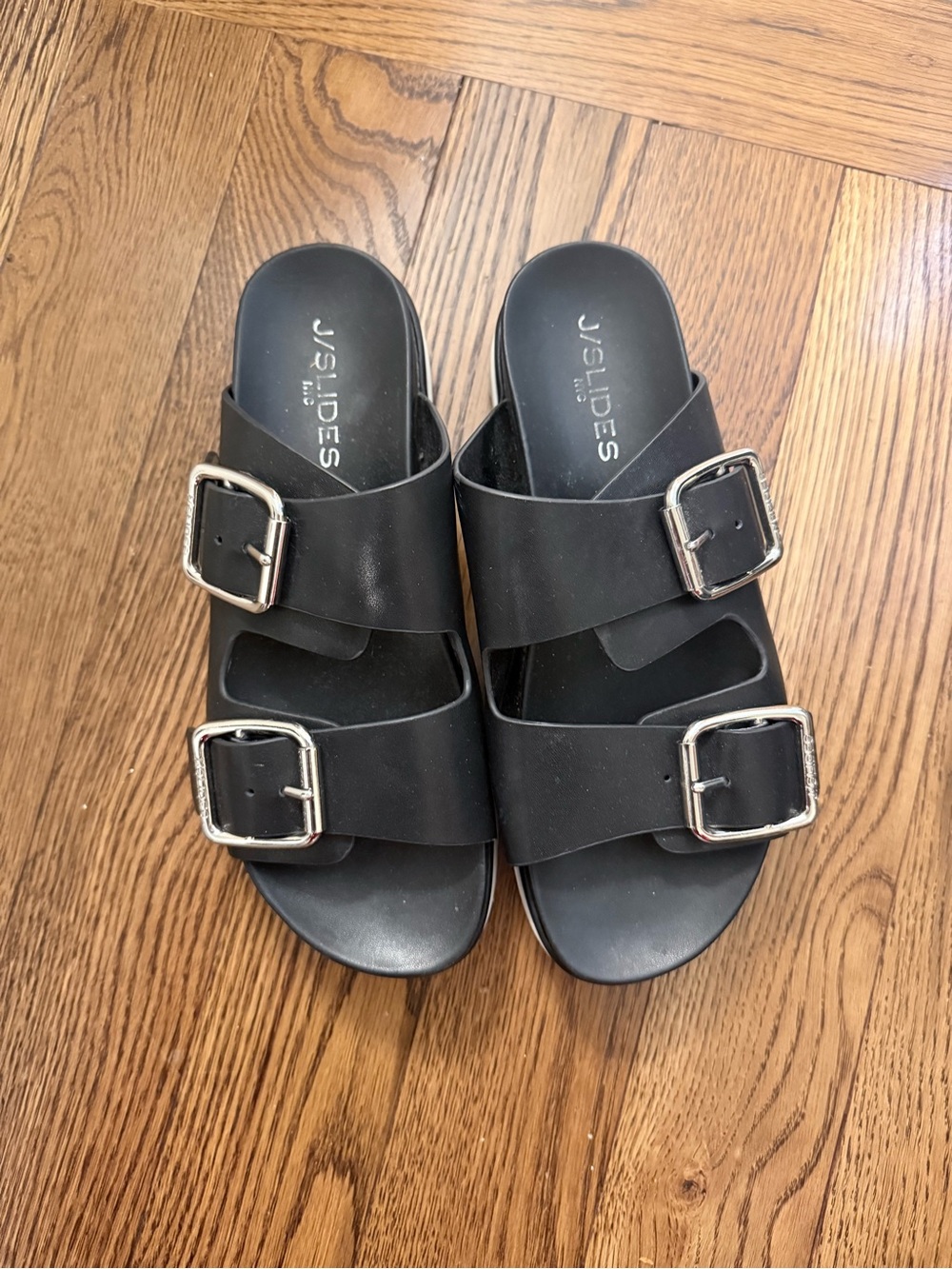 J/SLIDES Black Double-Strap Buckle platform Slide Sandals